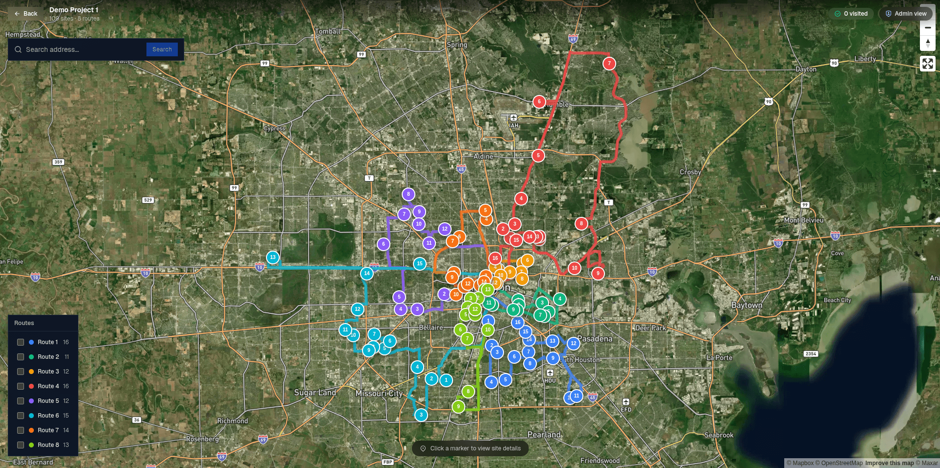 Wayflos administrative map showing routes and customer sites